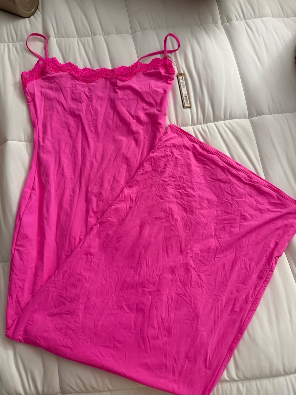 SKIMS Neon Pink Lace Trim Maxi Slip Dress